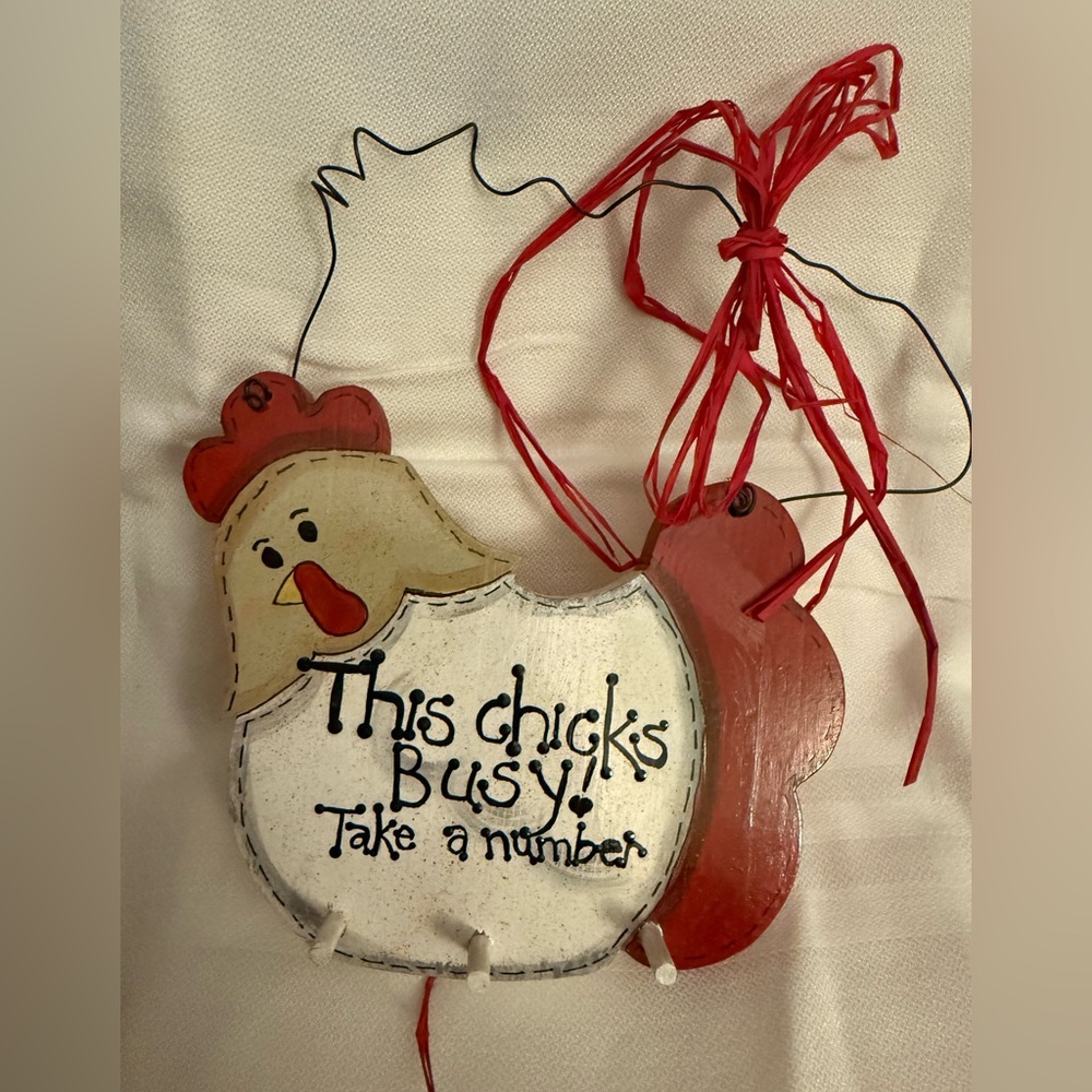 Wooden Chicken Wall Decor hand painted with Red Bow and pegs